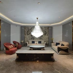 Oval Pale Green Marble Coffee Table with Cream Leather Band and Dark Glossy Wood